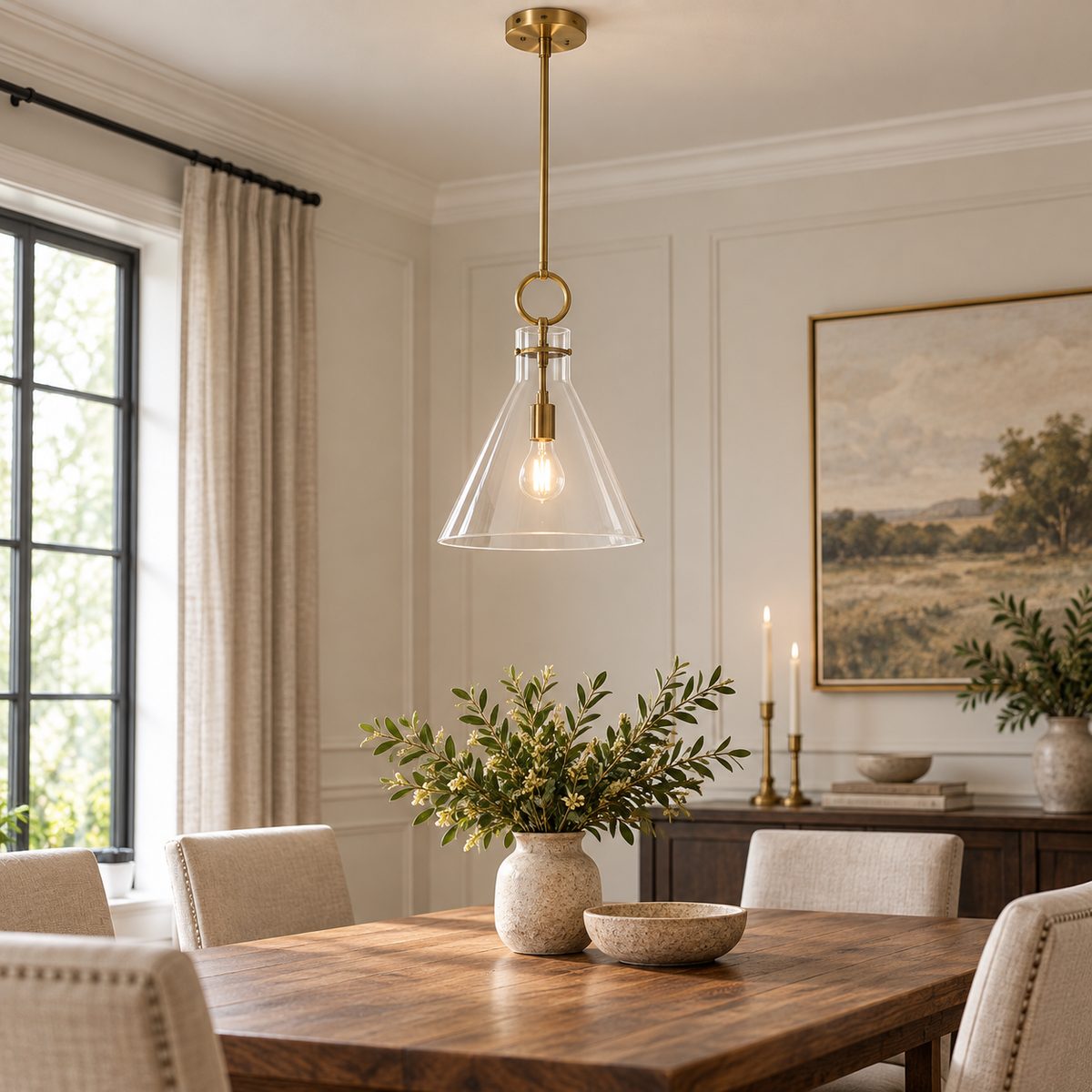 Clear Glass Funnel Pendant Light with Aged Brass