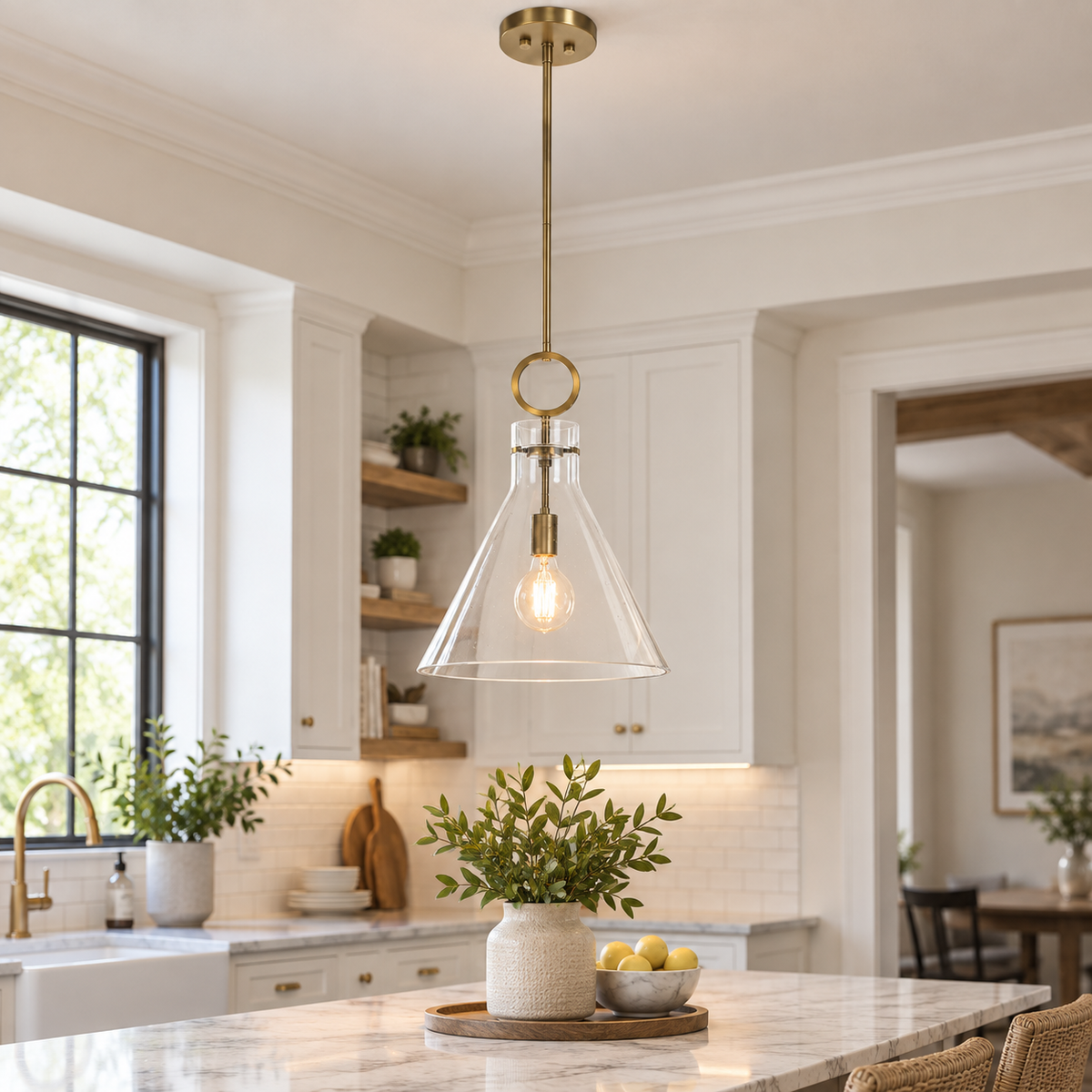 Clear Glass Funnel Pendant Light with Aged Brass