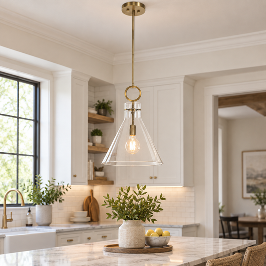 Clear Glass Funnel Pendant Light with Aged Brass