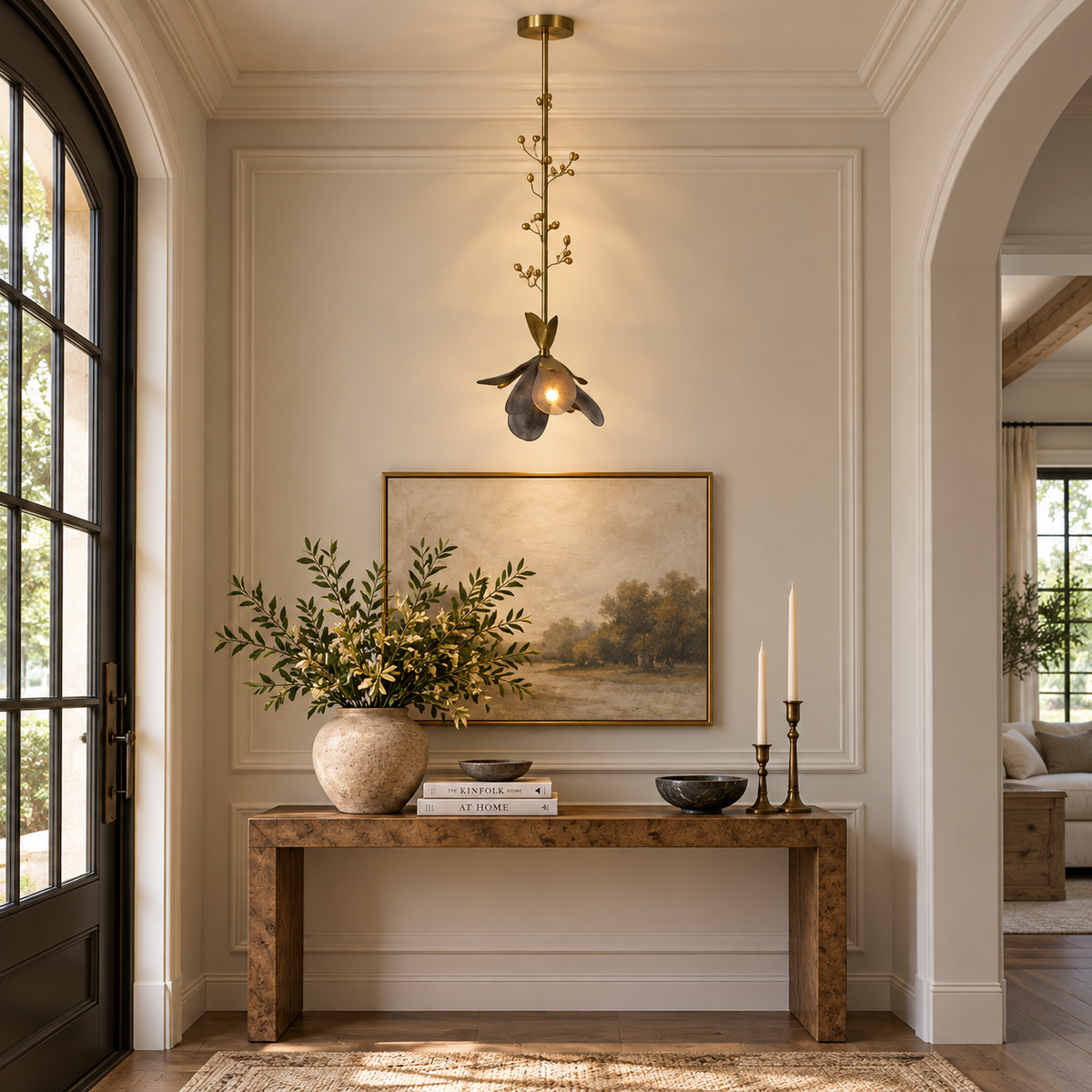 Hand-Blown Glass Botanical Pendant Light with Brass
