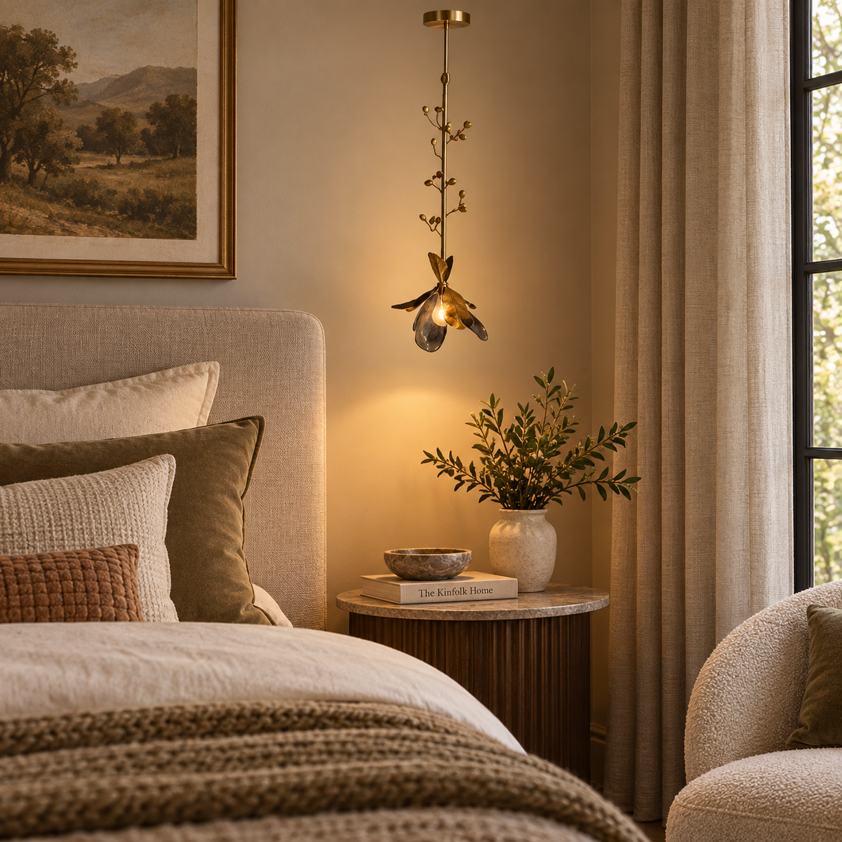 Hand-Blown Glass Botanical Pendant Light with Brass