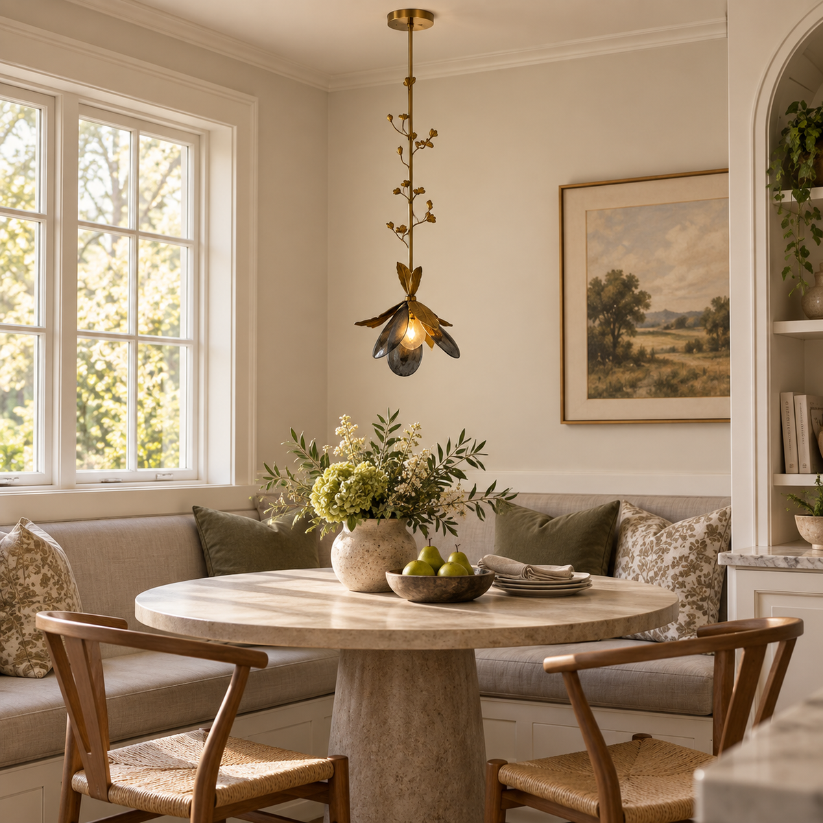 Hand-Blown Glass Botanical Pendant Light with Brass