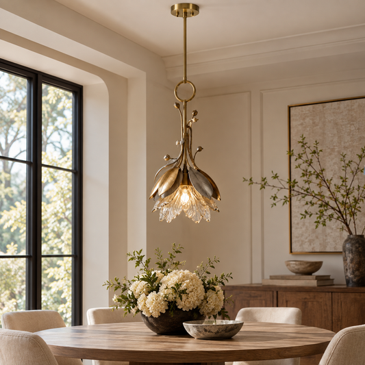 Hand-Blown Glass Botanical Pendant Light with Brass