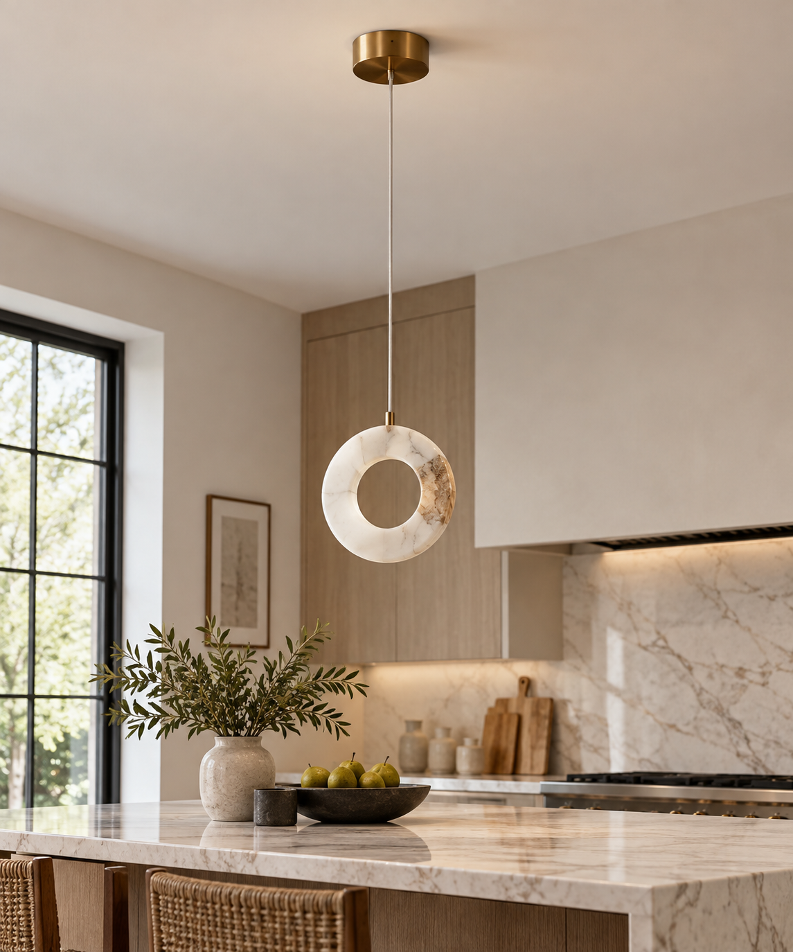 Small Antique Brass Alabaster Pendant Light
