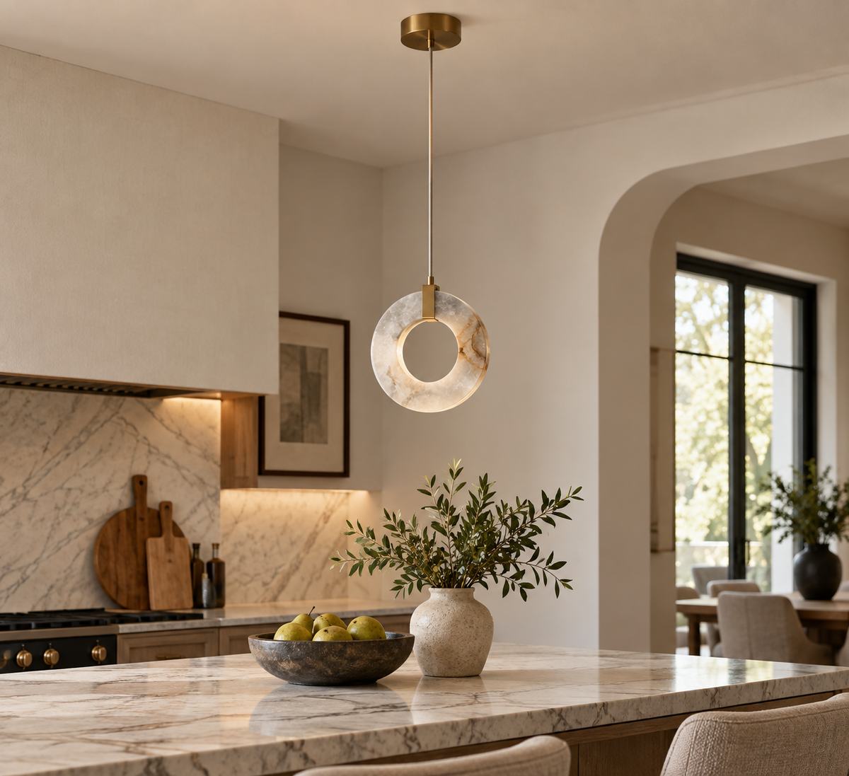 Small Antique Brass Alabaster Pendant Light